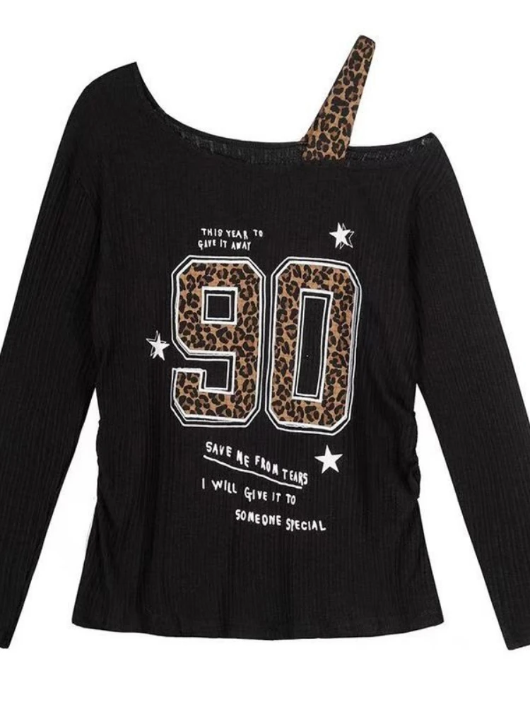 Embroidery Print - Y2K Patchwork Leopardenmuster T-Shirt Damen Locker