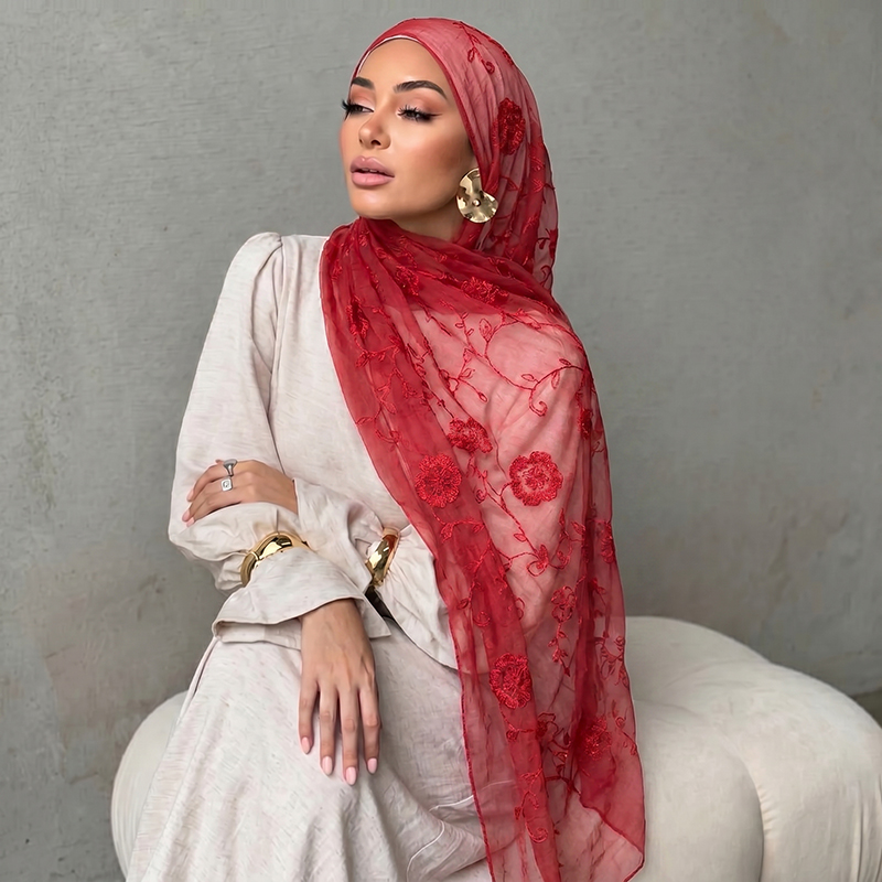 Embroidery Print - Blumenstickerei Muslimischer Hijab Transparenter Schal Weicher
