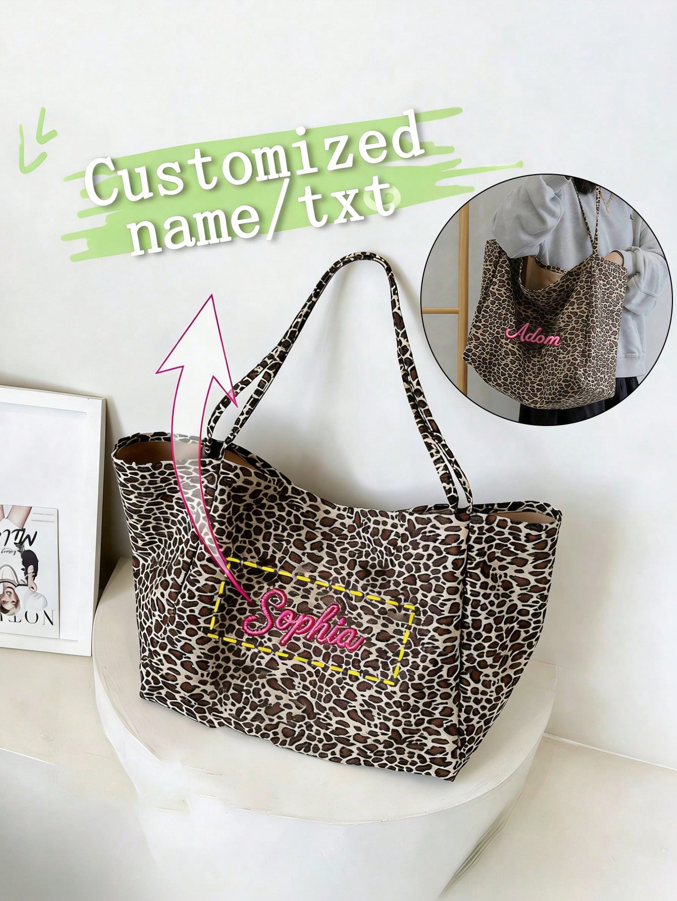 Embroidery Gift Ideas - Personalisierte Einkaufstasche mit Leopardenmuster für Damen,