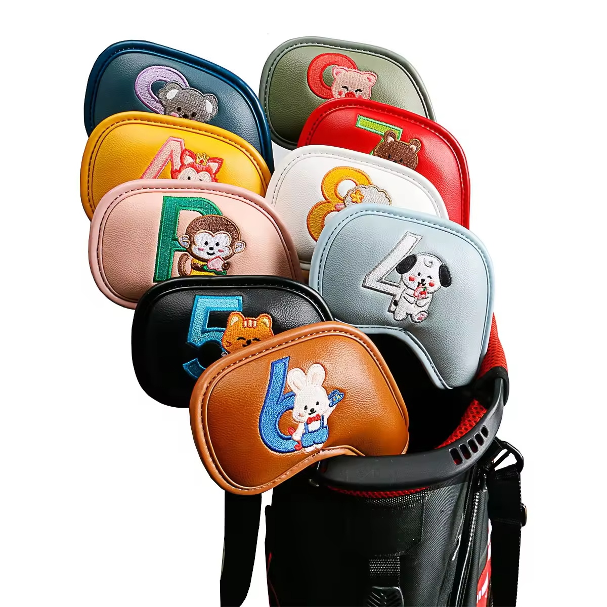 Embroidery Gift - 9-teiliges Set Niedliche Cartoon-Tier Golf-Eisenkopfhüllen, PU-Leder