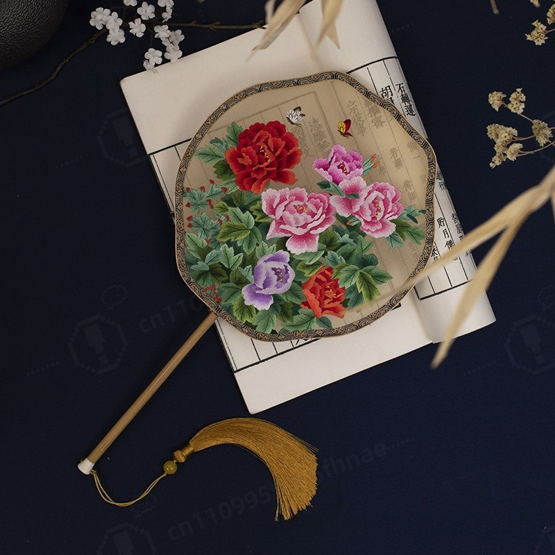 Embroidery Gift - Handgefertigter Doppelseitiger Bestickter Seiden-Rundfächer Chinesischer Vintage-Quastenfächer