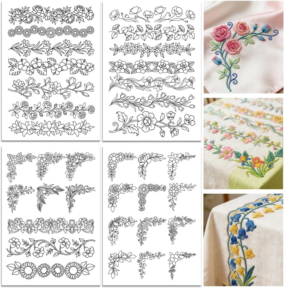 Embroidery Web - Vorgedruckter großer Blumenrand & Ecken-Stick-and-Stitch-Stabilisator aus